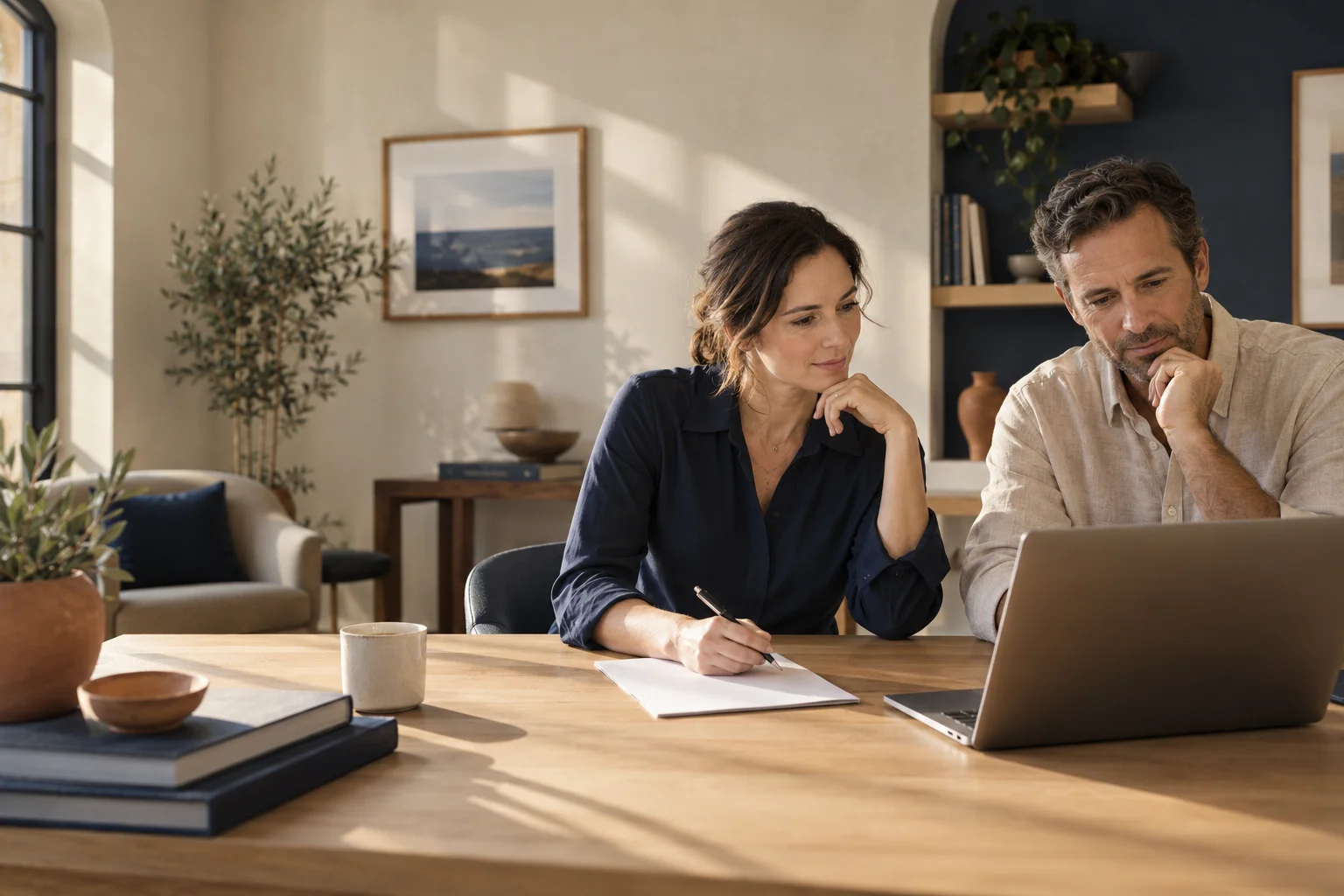 Two professionals planning together in a sunlit office; AI-generated editorial scene